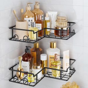Vinabo Etagere Salle de Bain avec Porte-Savon, 3PCS,Etagere Douche sans Percage, Accessoire Salle de Bain Antirouille, Rangement Douch avec Crochets, Essentiels pour la Salle Bain, Cuisine Noir