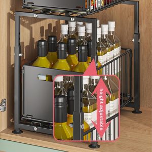 Rangement sous Evier 2 Niveaux Organisateur de Cuisine en Métal étagère à épices Organiseur Coulissant Noir, Modèle-A