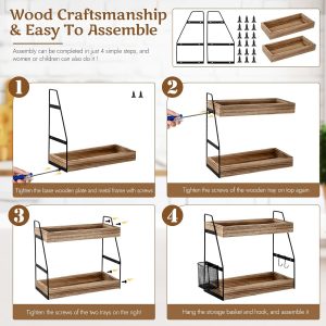 2 Niveaux Etagere a Epices, 35,5x17x33cm, Organisateur de Bureau avec Panier Suspendu et 2 Crochets, Meuble Etagere Rangement Placard Cuisine Porte Epices, Plan de Travail Bois Salle Manger Bains