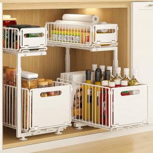 Rangement sous Évier en Métal à 2 Niveaux avec Tiroir de Rangement Coulissant Étagère sous Évier Organiseur pour Cuisine et Salle de Bain Acier au Carbone Hauteur Réglable Noir-1 Pack