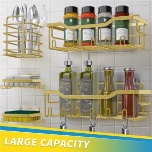 Etagère Douche sans Percage, 5 PCS Etagere Rangement Salle de Bain, Etagere, Accessoire en Acier Inoxydable 304, Rangement Douche Doré