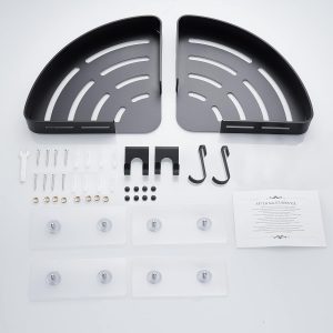 FIISAYL Etagere Douche sans Percage Rangement Salle de Bain Étagère d&apos;angle Douche Support Salle de Bain avec 4 Crochets, Raumfahrt-Aluminium Noir 2 unité