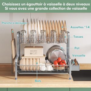 Egoutoire Vaisselle Cuisine 2 Niveaux, INOX Égouttoir Vaisselle sur Evier avec Porte-Gobelets et Porte-Ustensiles, Grande Séchoir à Vaisselle Rangement Vaisselle, Argenté