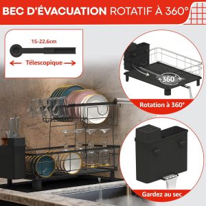 Egouttoir Vaisselle sur Evier avec Tapis Vaisselle Absorbant et système d&apos;évacuation Automatique vers l&apos;évier de la Cuisine - Organisateur Evier Cuisine 2 Niveaux