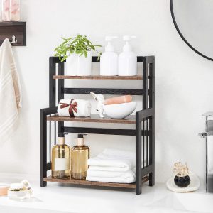 SONGMICS Étagère à Épices, Étagère de Rangement à 3 Niveaux, Organisateur de Bureau, Cadre en Bambou, pour Cuisine, Salle à Manger, Bureau, Marron Rustique et Noir OFS047B01