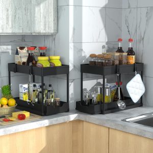DEKAVA Lot de 2 Rangement sous Évier - Organisateur sous Evier Tiroir Coulissant à Extraction - Rangement Et Organisation De Cuisine - Panier de rangement multifonction pour salle de bain - Noir