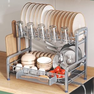 Egoutoire Vaisselle Cuisine 2 Niveaux, INOX Égouttoir Vaisselle sur Evier avec Porte-Gobelets et Porte-Ustensiles, Grande Séchoir à Vaisselle Rangement Vaisselle, Argenté