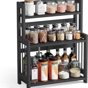 SONGMICS Étagère à Épices, Étagère de Rangement à 3 Niveaux, Organisateur de Bureau, Cadre en Bambou, pour Cuisine, Salle à Manger, Bureau, Marron Rustique et Noir OFS047B01