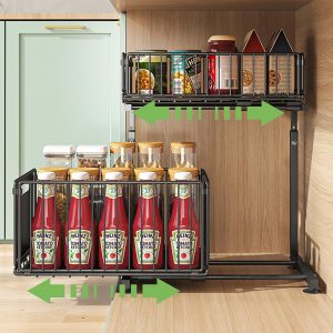 Rangement sous Évier en Métal à 2 Niveaux avec Tiroir de Rangement Coulissant Étagère sous Évier Organiseur pour Cuisine et Salle de Bain Acier au Carbone Hauteur Réglable Noir-1 Pack