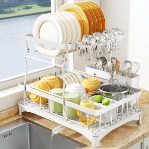 SAYZH Égouttoir à Vaisselle Détachable à 2 Niveaux, Organiseur D&apos;égouttoir à Vaisselle De Grande Capacité avec Porte-ustensiles, Egouttoir à Tasses pour Comptoir De Cuisine Noir