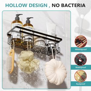 Vinabo Etagere Salle de Bain avec Porte-Savon, 3PCS,Etagere Douche sans Percage, Accessoire Salle de Bain Antirouille, Rangement Douch avec Crochets, Essentiels pour la Salle Bain, Cuisine Noir