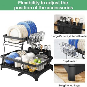 SAYZH Égouttoir à Vaisselle Détachable à 2 Niveaux, Organiseur D&apos;égouttoir à Vaisselle De Grande Capacité avec Porte-ustensiles, Egouttoir à Tasses pour Comptoir De Cuisine Noir