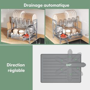 Egoutoire Vaisselle Cuisine 2 Niveaux, INOX Égouttoir Vaisselle sur Evier avec Porte-Gobelets et Porte-Ustensiles, Grande Séchoir à Vaisselle Rangement Vaisselle, Argenté