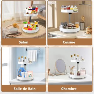 MEKOTRIN Étagère Épices 2 Niveaux, 360° Plateau Tournant pour Rangement Épices Cuisine, Porte-épices à Hauteur Réglable, Lazy Susan de Cuisine, Salon, Toilettes, Organisateur de CosmétiquesBlanc