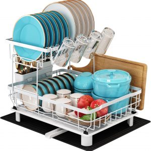 MAJALiS Egoutoire Vaisselle 2 Niveaux, Égouttoir Vaisselle Cuisine en Acier Inoxydable Noir avec Porte-Gobelets et Porte-Ustensiles, Tapis de Séchage