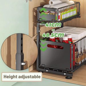 Rangement sous Évier en Métal à 2 Niveaux avec Tiroir de Rangement Coulissant Étagère sous Évier Organiseur pour Cuisine et Salle de Bain Acier au Carbone Hauteur Réglable Noir-1 Pack