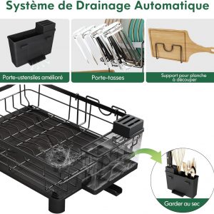 MAJALiS Egoutoire Vaisselle 2 Niveaux, Égouttoir Vaisselle Cuisine en Acier Inoxydable Noir avec Porte-Gobelets et Porte-Ustensiles, Tapis de Séchage