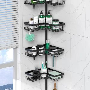 Cooeco Etagere Douche, Etagere Salle de Bain Sans Percage 2 Pièces Avec Porte Savon Douche et Crochet Rangement Douche Porte gel Douche Salle de Bain, Noir