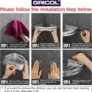 GRICOL Étagère d&apos;angle de douche sans perçage - En métal - Avec 2 crochets - Avec autocollant - Pour salle de bain et cuisine - Argenté