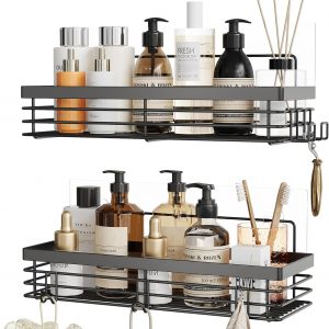 Orimade Inoxydable Serviteur de Douche Etagère avec 5 Crochets pour Salle de Bain Panier Toilette Cuisine Spice Rack Acier SUS304 sans Perçage - 2 Pack