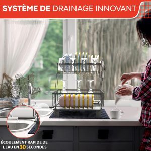Egouttoir Vaisselle sur Evier avec Tapis Vaisselle Absorbant et système d&apos;évacuation Automatique vers l&apos;évier de la Cuisine - Organisateur Evier Cuisine 2 Niveaux
