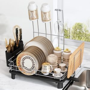 MAJALiS Egoutoire Vaisselle 2 Niveaux, Égouttoir Vaisselle Cuisine en Acier Inoxydable Noir avec Porte-Gobelets et Porte-Ustensiles, Tapis de Séchage