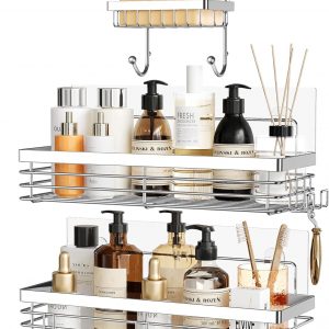 Orimade Inoxydable Serviteur de Douche Etagère avec 5 Crochets pour Salle de Bain Panier Toilette Cuisine Spice Rack Acier SUS304 sans Perçage - 2 Pack