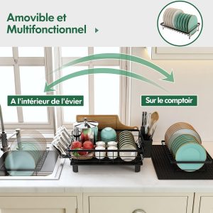 MAJALiS Egoutoire Vaisselle 2 Niveaux, Égouttoir Vaisselle Cuisine en Acier Inoxydable Noir avec Porte-Gobelets et Porte-Ustensiles, Tapis de Séchage