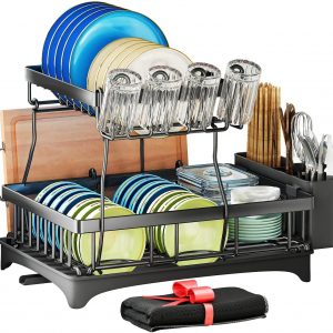 SAYZH Égouttoir à Vaisselle Détachable à 2 Niveaux, Organiseur D&apos;égouttoir à Vaisselle De Grande Capacité avec Porte-ustensiles, Egouttoir à Tasses pour Comptoir De Cuisine Noir