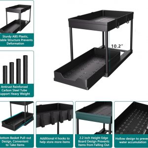 DEKAVA Lot de 2 Rangement sous Évier - Organisateur sous Evier Tiroir Coulissant à Extraction - Rangement Et Organisation De Cuisine - Panier de rangement multifonction pour salle de bain - Noir
