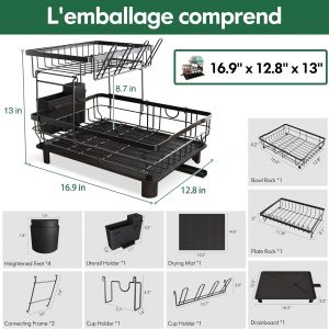 MAJALiS Egoutoire Vaisselle 2 Niveaux, Égouttoir Vaisselle Cuisine en Acier Inoxydable Noir avec Porte-Gobelets et Porte-Ustensiles, Tapis de Séchage