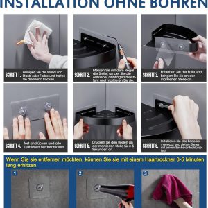 FIISAYL Etagere Douche sans Percage Rangement Salle de Bain Étagère d&apos;angle Douche Support Salle de Bain avec 4 Crochets, Raumfahrt-Aluminium Noir 2 unité