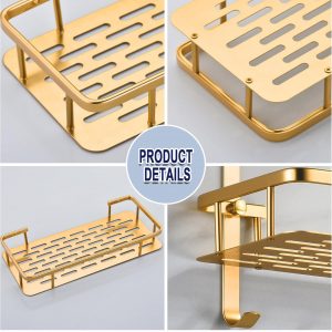 Étagère de Douche Sans Perçage, Etagere Salle de Bain avec Crochets Carré Tablette Murale pour Rangement 2 Étages, D&apos;or Champenois