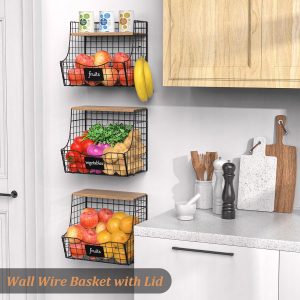 3 pcs de fruits de cuisine à couvercle en bois - stockage mural d&apos;oignons et de pommes de terre avec plaque signalétique, panier suspendu en fil métallique armoire de rangement de comptoir de cuisine