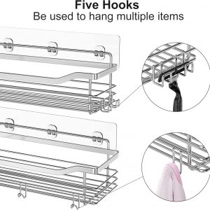 Orimade Inoxydable Serviteur de Douche Etagère avec 5 Crochets pour Salle de Bain Panier Toilette Cuisine Spice Rack Acier SUS304 sans Perçage - 2 Pack