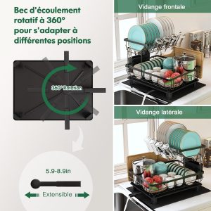 MAJALiS Egoutoire Vaisselle 2 Niveaux, Égouttoir Vaisselle Cuisine en Acier Inoxydable Noir avec Porte-Gobelets et Porte-Ustensiles, Tapis de Séchage