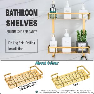 Étagère de Douche Sans Perçage, Etagere Salle de Bain avec Crochets Carré Tablette Murale pour Rangement 2 Étages, D&apos;or Champenois