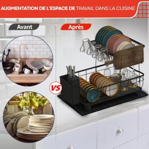 Egouttoir Vaisselle sur Evier avec Tapis Vaisselle Absorbant et système d&apos;évacuation Automatique vers l&apos;évier de la Cuisine - Organisateur Evier Cuisine 2 Niveaux