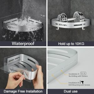 GRICOL Étagère d&apos;angle de douche sans perçage - En métal - Avec 2 crochets - Avec autocollant - Pour salle de bain et cuisine - Argenté