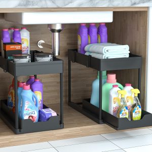 DEKAVA Lot de 2 Rangement sous Évier - Organisateur sous Evier Tiroir Coulissant à Extraction - Rangement Et Organisation De Cuisine - Panier de rangement multifonction pour salle de bain - Noir