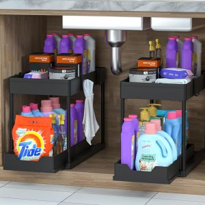 DEKAVA Lot de 2 Rangement sous Évier - Organisateur sous Evier Tiroir Coulissant à Extraction - Rangement Et Organisation De Cuisine - Panier de rangement multifonction pour salle de bain - Noir