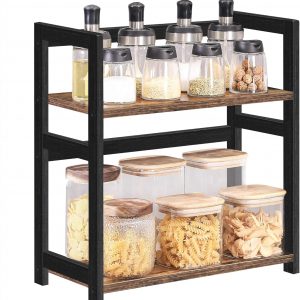 SONGMICS Étagère à Épices, Étagère de Rangement à 3 Niveaux, Organisateur de Bureau, Cadre en Bambou, pour Cuisine, Salle à Manger, Bureau, Marron Rustique et Noir OFS047B01