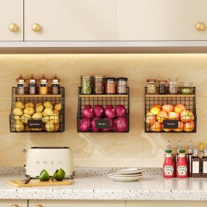 3 pcs de fruits de cuisine à couvercle en bois - stockage mural d&apos;oignons et de pommes de terre avec plaque signalétique, panier suspendu en fil métallique armoire de rangement de comptoir de cuisine