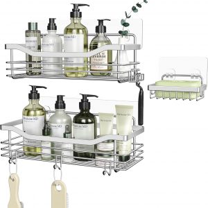 Orimade Inoxydable Serviteur de Douche Etagère avec 5 Crochets pour Salle de Bain Panier Toilette Cuisine Spice Rack Acier SUS304 sans Perçage - 2 Pack
