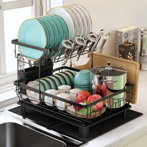 MAJALiS Egoutoire Vaisselle 2 Niveaux, Égouttoir Vaisselle Cuisine en Acier Inoxydable Noir avec Porte-Gobelets et Porte-Ustensiles, Tapis de Séchage