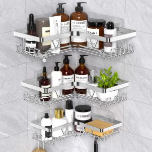 Kegii Support Douche Étagère de Douche sans Percage Etagere Salle Angle de Bain Coin Salle de Douche, Couleur Argent