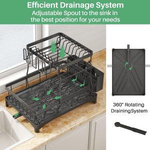 SAYZH Égouttoir à Vaisselle Détachable à 2 Niveaux, Organiseur D&apos;égouttoir à Vaisselle De Grande Capacité avec Porte-ustensiles, Egouttoir à Tasses pour Comptoir De Cuisine Noir