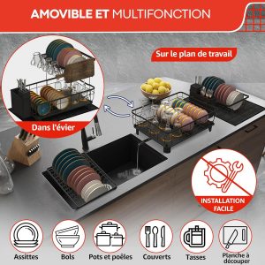 Egouttoir Vaisselle sur Evier avec Tapis Vaisselle Absorbant et système d&apos;évacuation Automatique vers l&apos;évier de la Cuisine - Organisateur Evier Cuisine 2 Niveaux