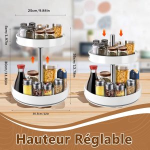 MEKOTRIN Étagère Épices 2 Niveaux, 360° Plateau Tournant pour Rangement Épices Cuisine, Porte-épices à Hauteur Réglable, Lazy Susan de Cuisine, Salon, Toilettes, Organisateur de CosmétiquesBlanc