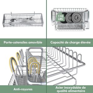 Egoutoire Vaisselle Cuisine 2 Niveaux, INOX Égouttoir Vaisselle sur Evier avec Porte-Gobelets et Porte-Ustensiles, Grande Séchoir à Vaisselle Rangement Vaisselle, Argenté